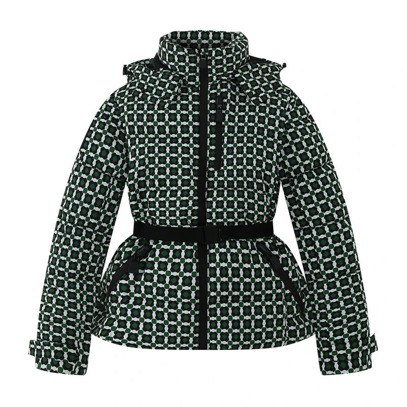 Women's Belted Hooded Puffer Ski Jacket with Polyester Fill Slim Fit and Zip Pockets