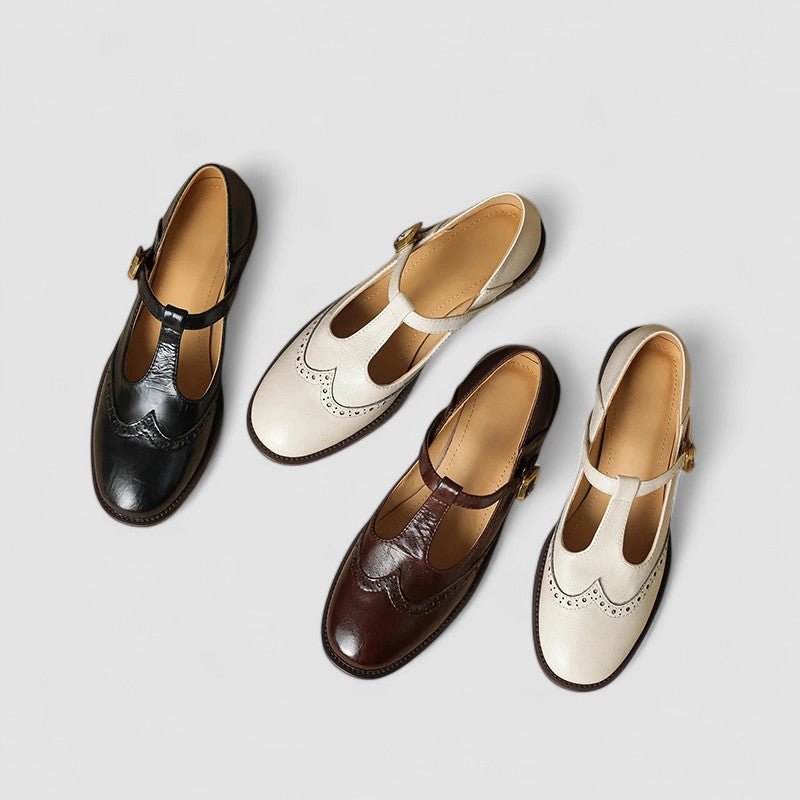 Women's Genuine Leather Mary Jane Shoes with Block Heel Round Toe and Buckle Strap