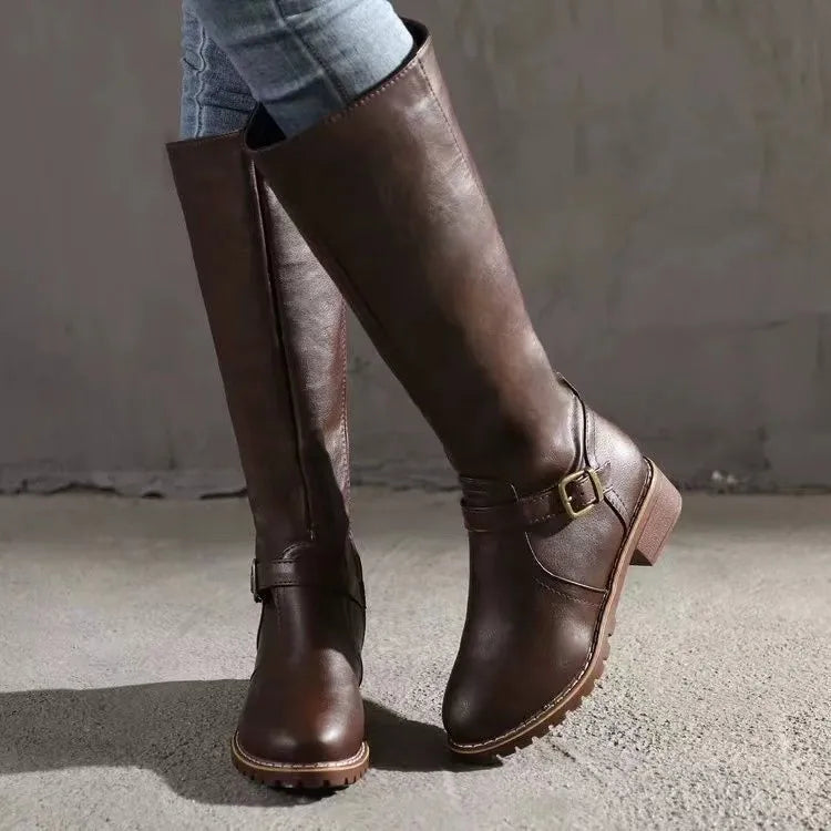 Women's Leather Tall Boots with Non Slip Rubber Sole Side Zip and Wide Toe Box