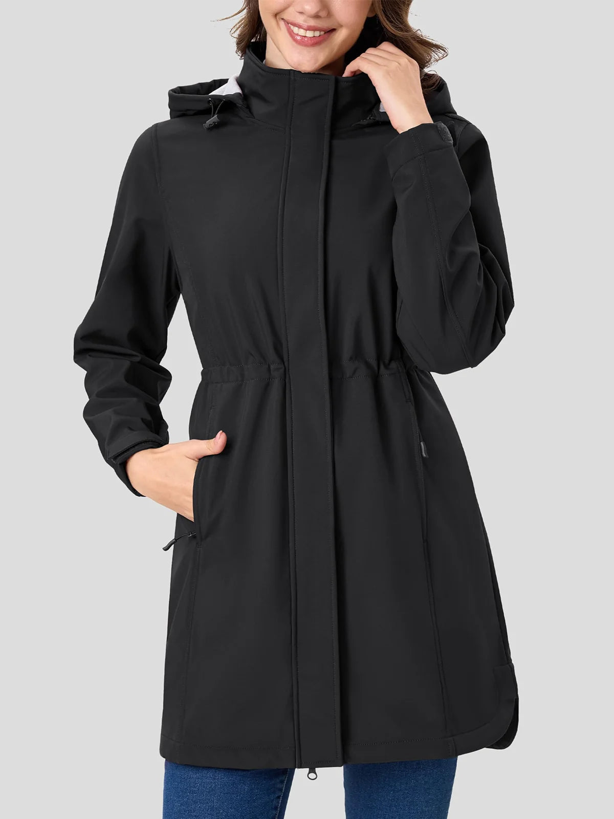 Women's Long Fleece Lined Softshell Rain Jacket with Hood Waterproof Windproof Shell
