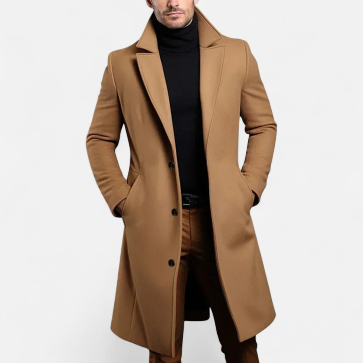 Men's Single Breasted Overcoat with Structured Lapels and Full Lining for Office Wear