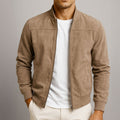 Men's Slim Fit Faux Suede Bomber Jacket with Stand Collar Full Zip and Ribbed Cuffs