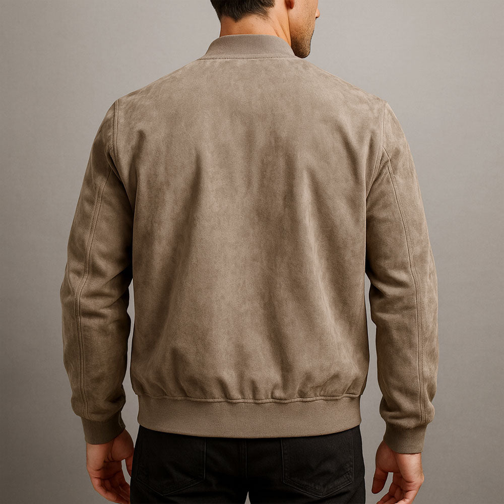 Men's Slim Fit Faux Suede Bomber Jacket with Stand Collar Full Zip and Ribbed Cuffs