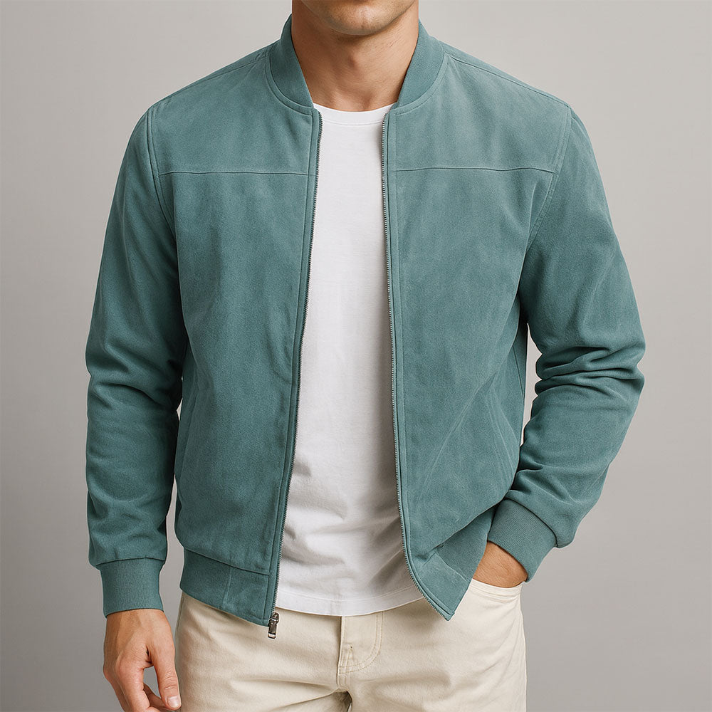 Men's Slim Fit Faux Suede Bomber Jacket with Stand Collar Full Zip and Ribbed Cuffs