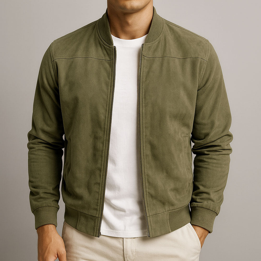 Men's Slim Fit Faux Suede Bomber Jacket with Stand Collar Full Zip and Ribbed Cuffs