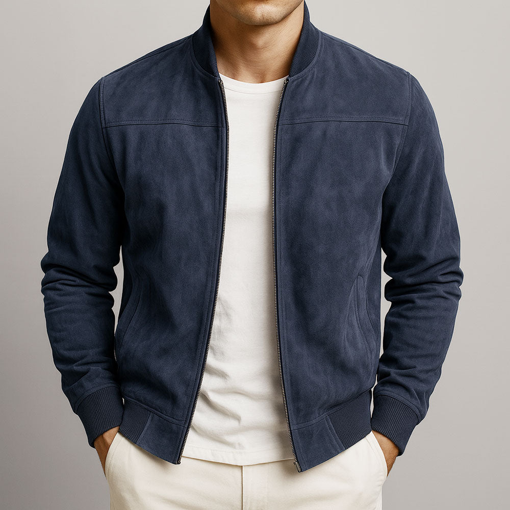 Men's Slim Fit Faux Suede Bomber Jacket with Stand Collar Full Zip and Ribbed Cuffs