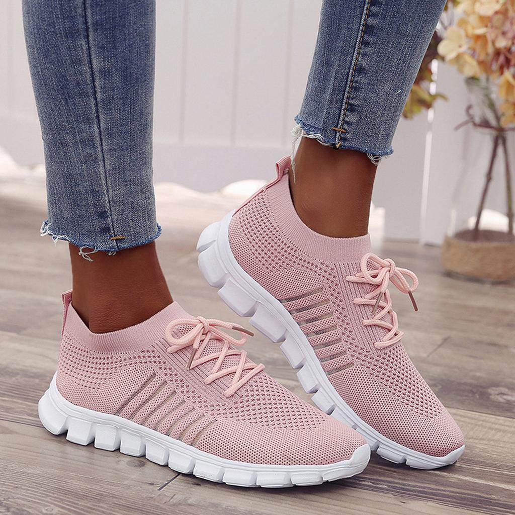 Women's Breathable Mesh Slip On Walking Sneakers with Thick Cushioned Sole and Laces
