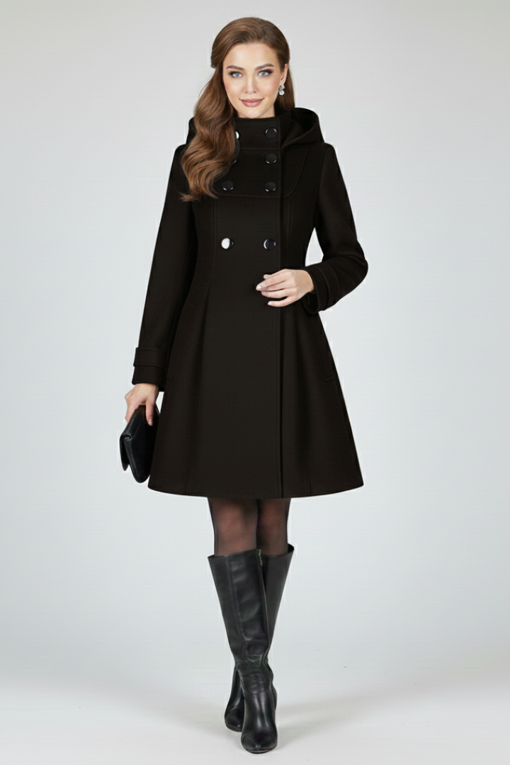 Women's Hooded Double Breasted Coat with Flap Pockets in Fitted Knee Length A Line