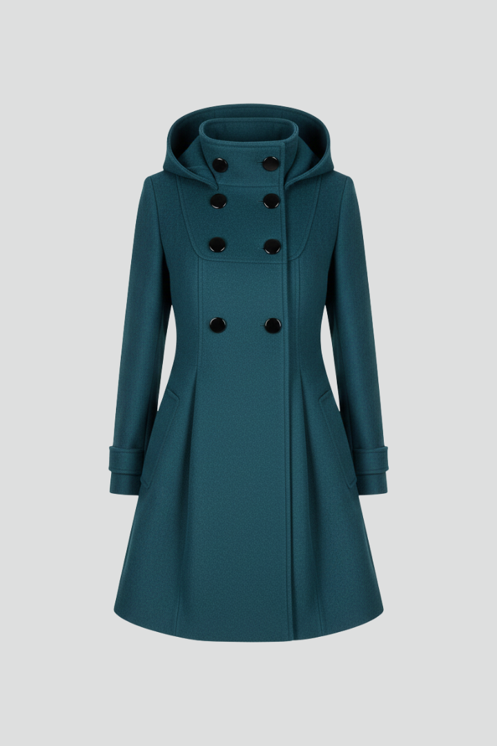 Women's Hooded Double Breasted Coat with Flap Pockets in Fitted Knee Length A Line