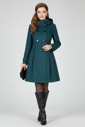 Women's Hooded Double Breasted Coat with Flap Pockets in Fitted Knee Length A Line