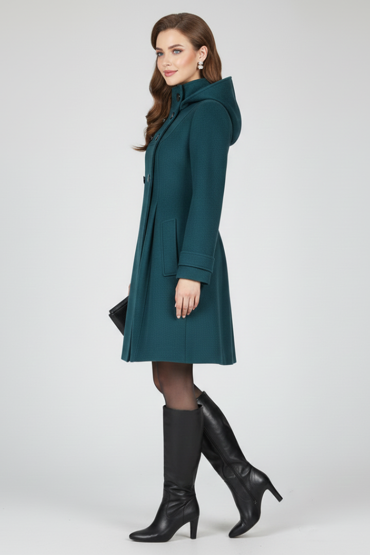 Women's Hooded Double Breasted Coat with Flap Pockets in Fitted Knee Length A Line