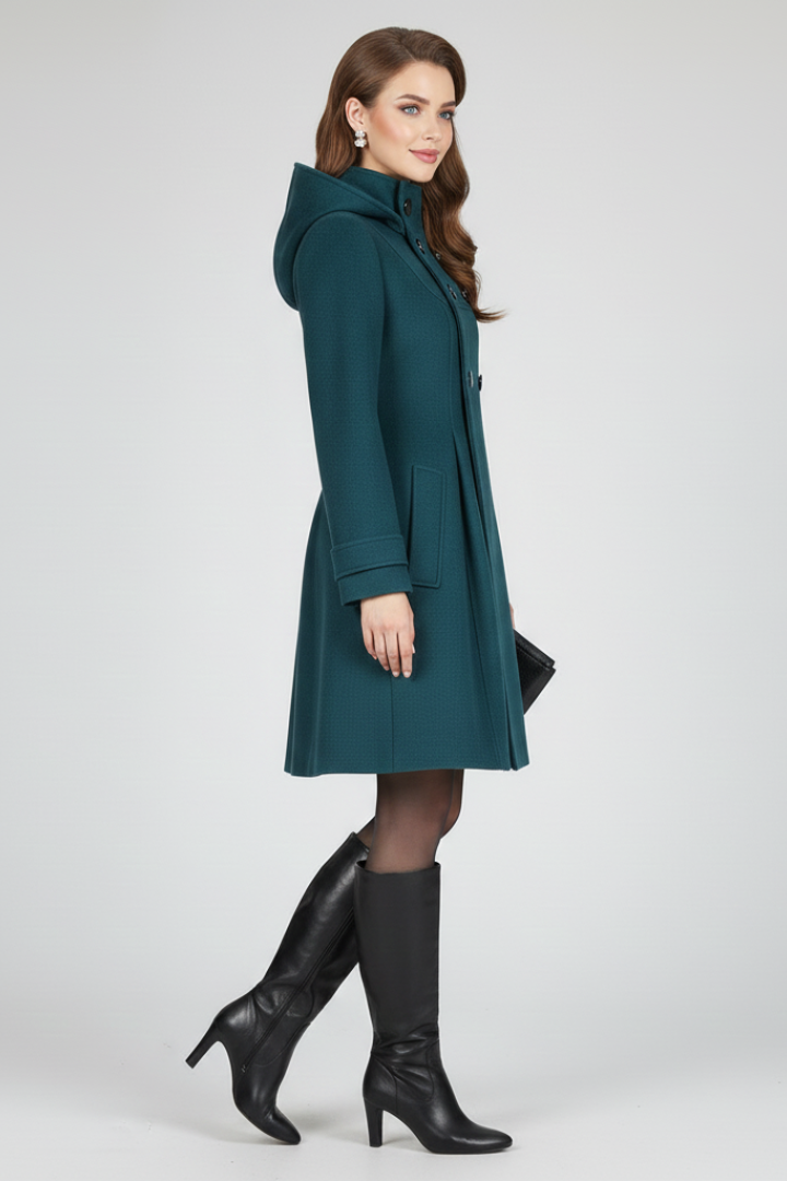 Women's Hooded Double Breasted Coat with Flap Pockets in Fitted Knee Length A Line