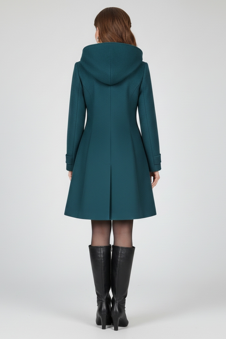 Women's Hooded Double Breasted Coat with Flap Pockets in Fitted Knee Length A Line