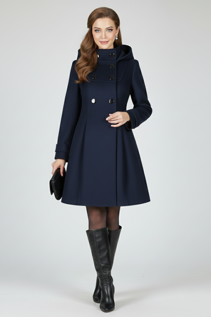 Women's Hooded Double Breasted Coat with Flap Pockets in Fitted Knee Length A Line