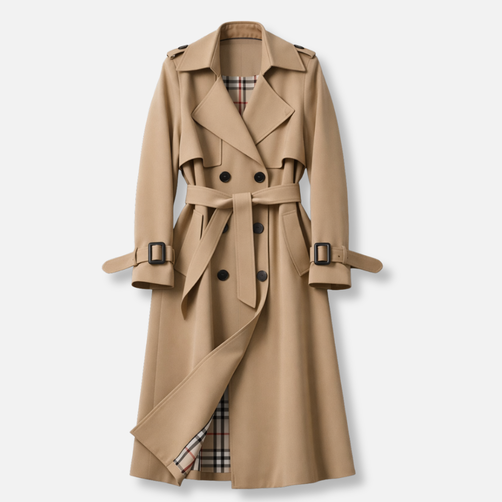 Women's Long Belted Trench Coat in Cotton Blend with Pockets and Adjustable Cuffs