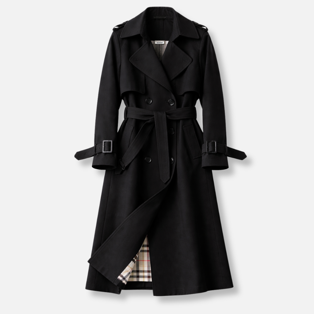 Women's Long Belted Trench Coat in Cotton Blend with Pockets and Adjustable Cuffs