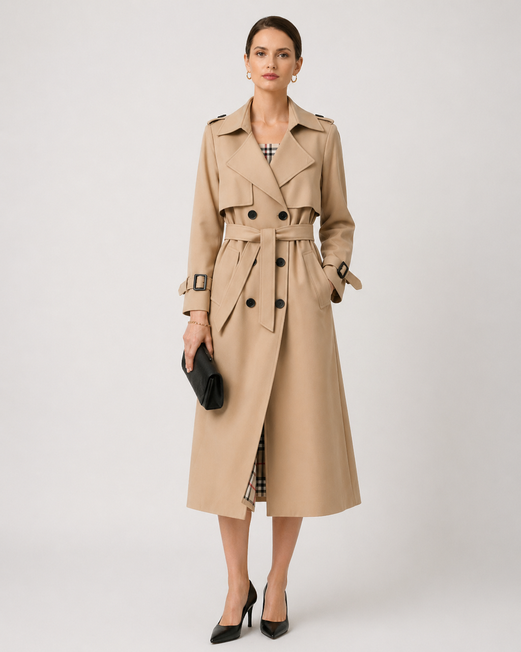 Women's Long Belted Trench Coat in Cotton Blend with Pockets and Adjustable Cuffs