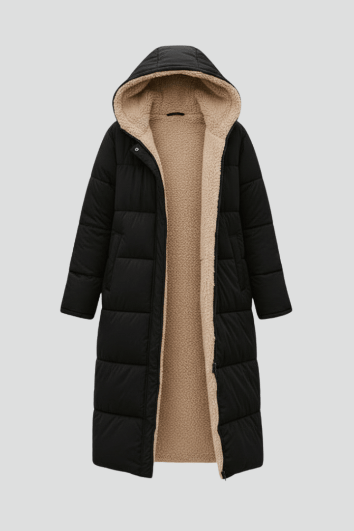Women's Hooded Longline Puffer Coat with Zip Front for Everyday Outdoor Wear
