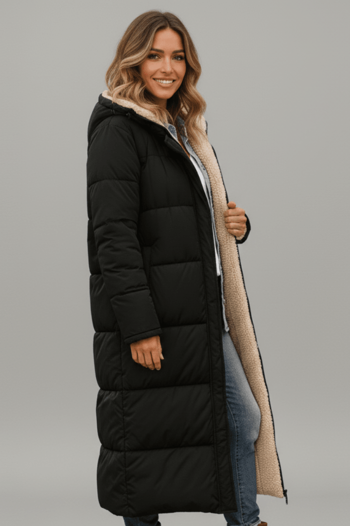 Women's Hooded Longline Puffer Coat with Zip Front for Everyday Outdoor Wear