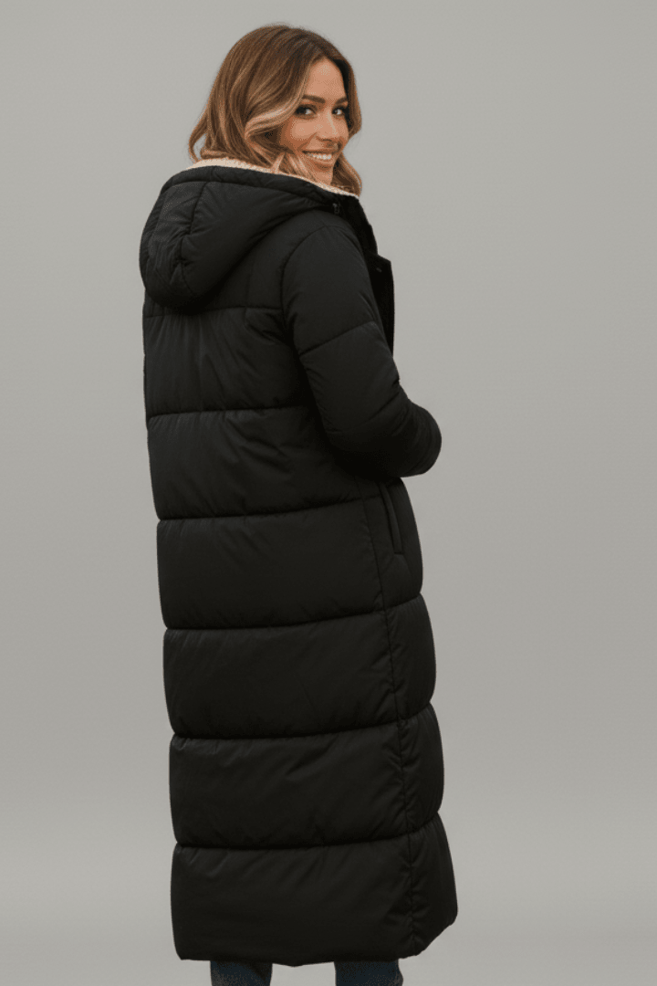 Women's Hooded Longline Puffer Coat with Zip Front for Everyday Outdoor Wear