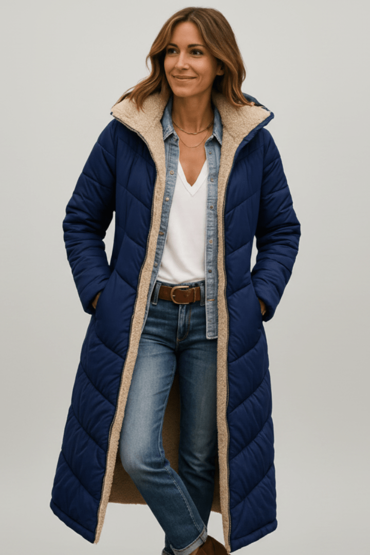 Women's Hooded Longline Puffer Coat with Zip Front for Everyday Outdoor Wear