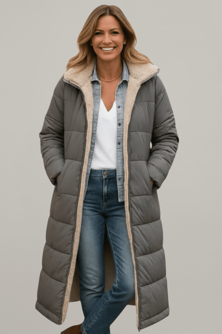 Women's Hooded Longline Puffer Coat with Zip Front for Everyday Outdoor Wear