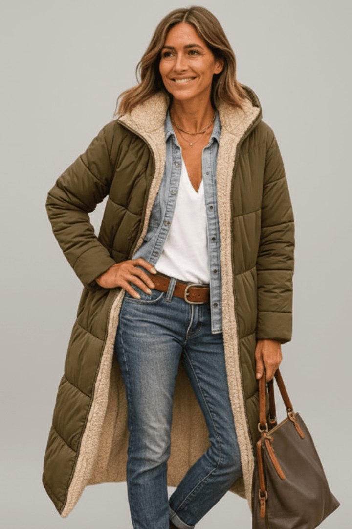 Women's Hooded Longline Puffer Coat with Zip Front for Everyday Outdoor Wear