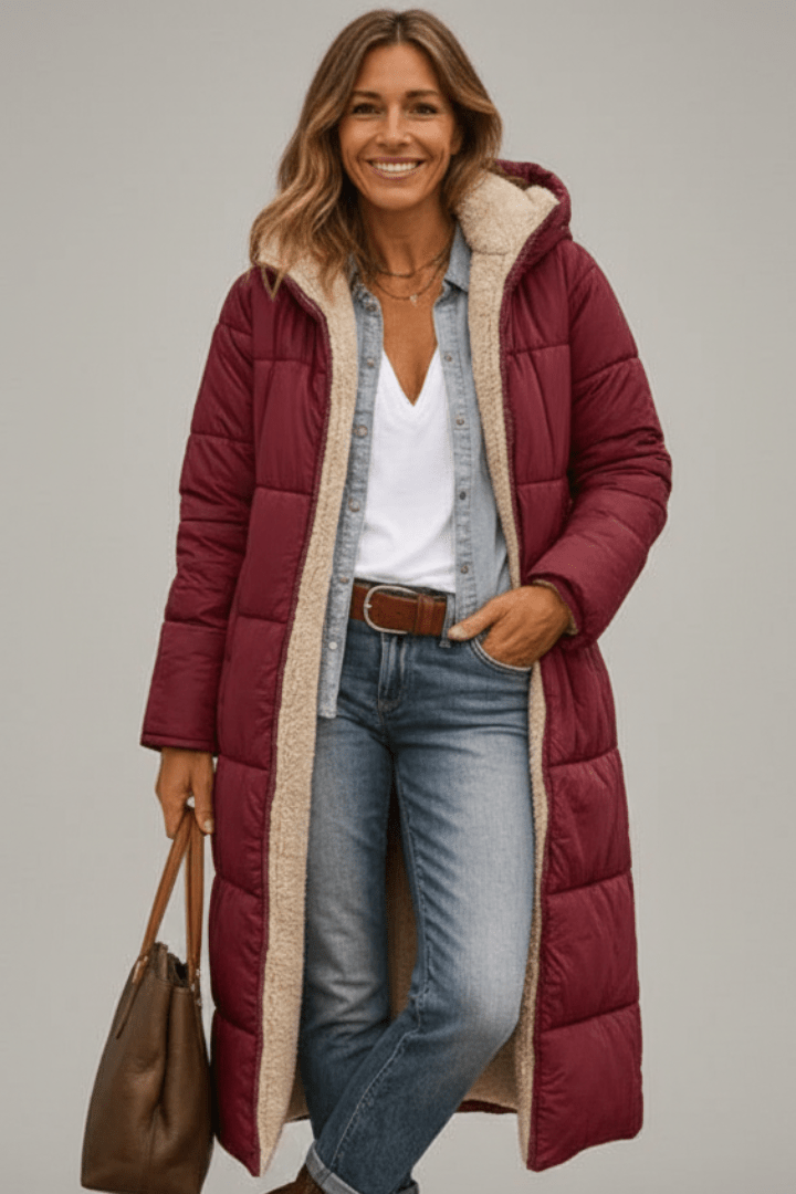 Women's Hooded Longline Puffer Coat with Zip Front for Everyday Outdoor Wear