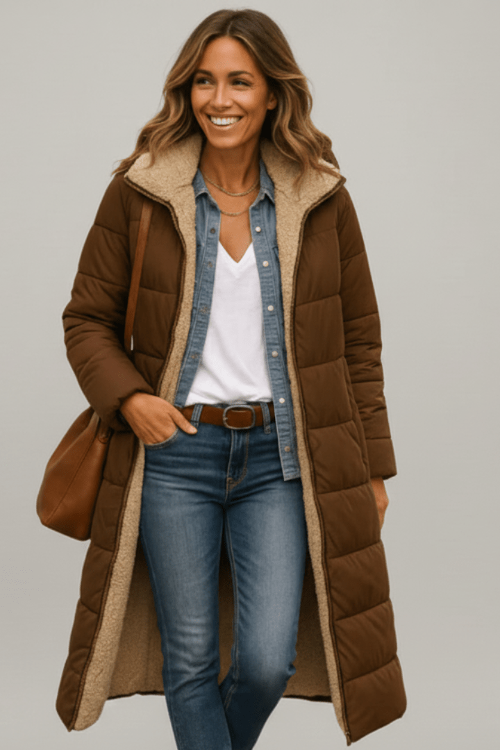 Women's Hooded Longline Puffer Coat with Zip Front for Everyday Outdoor Wear