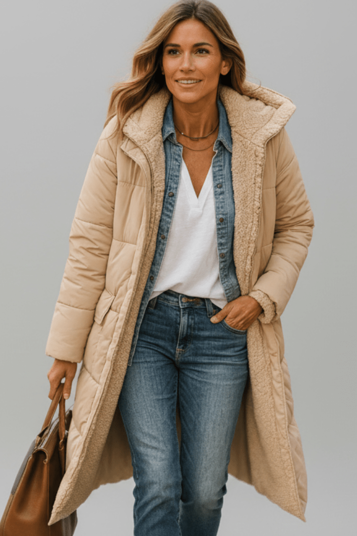 Women's Hooded Longline Puffer Coat with Zip Front for Everyday Outdoor Wear