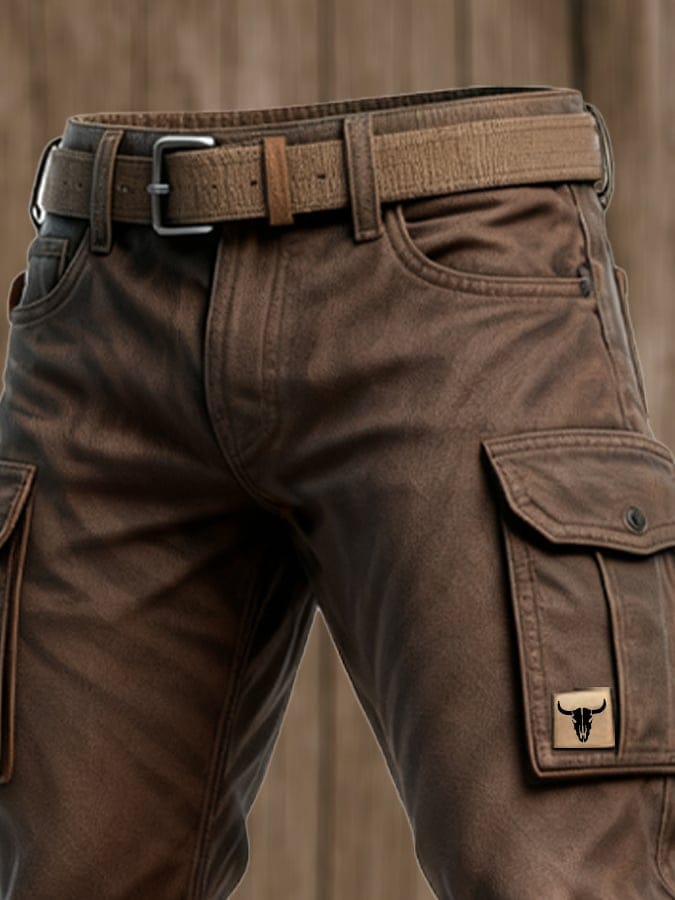Men's Canvas Cargo Work Pants with Button Flap Pockets and Straight Tapered Fit