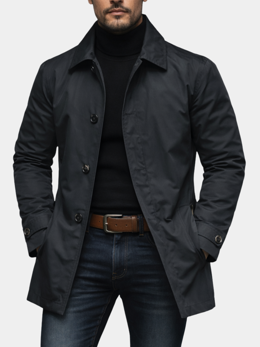 Men's Weather Resistant Mid Length Coat with Quilted Lining Fitted Cut and Pockets