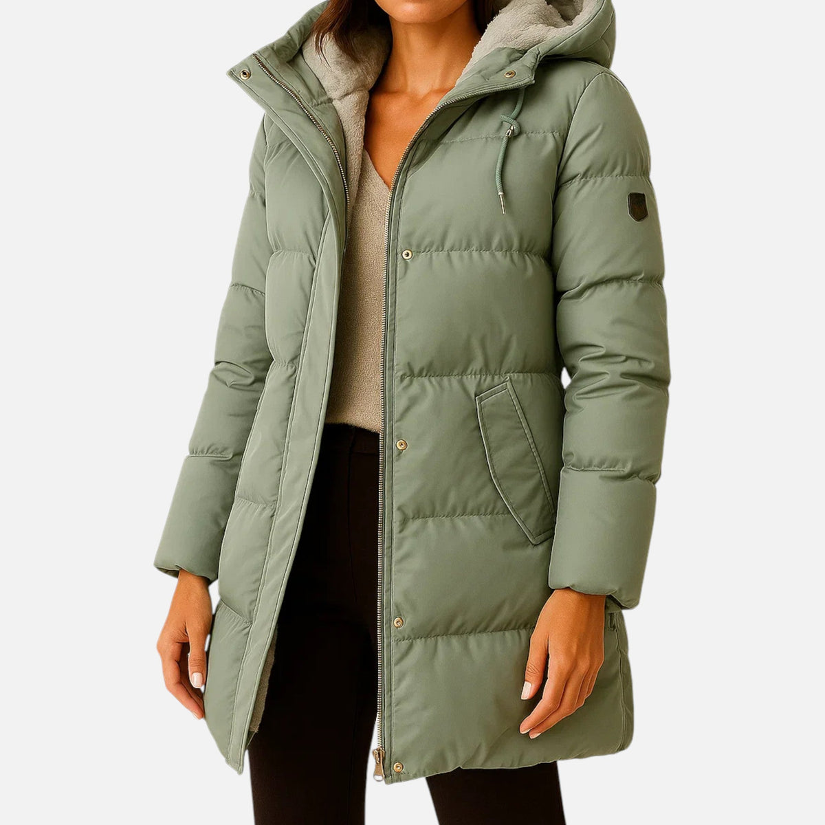 Women's Quilted Puffer Jacket in Satin Finish Polyester with Zip Closure and Pockets