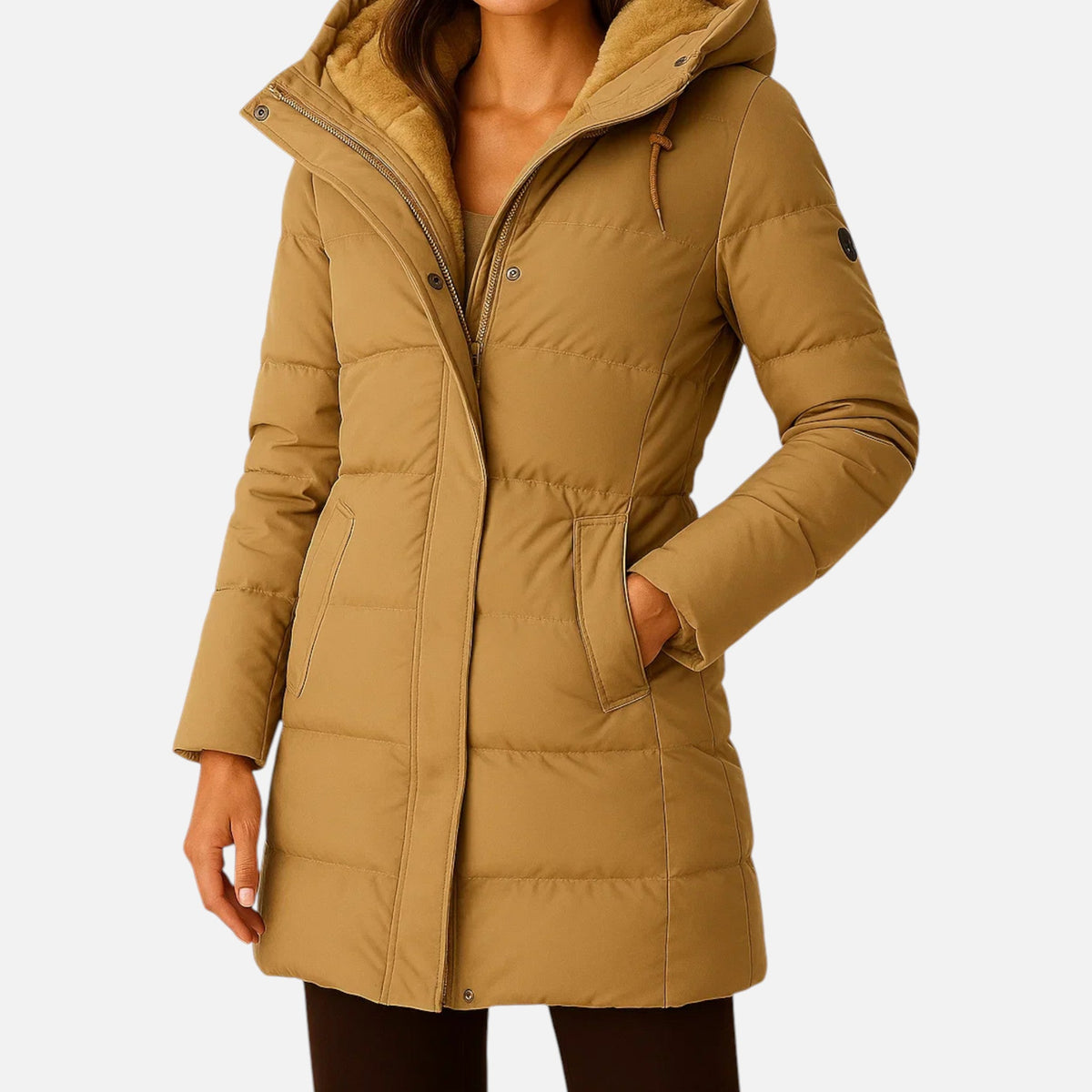 Women's Quilted Puffer Jacket in Satin Finish Polyester with Zip Closure and Pockets