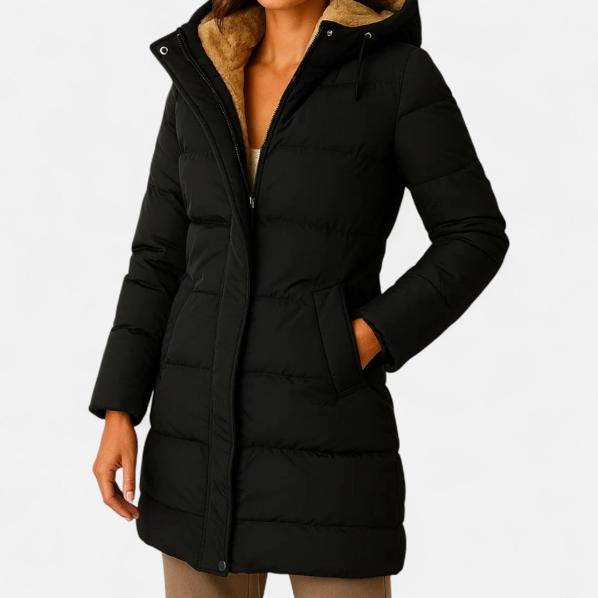 Women's Quilted Puffer Jacket in Satin Finish Polyester with Zip Closure and Pockets
