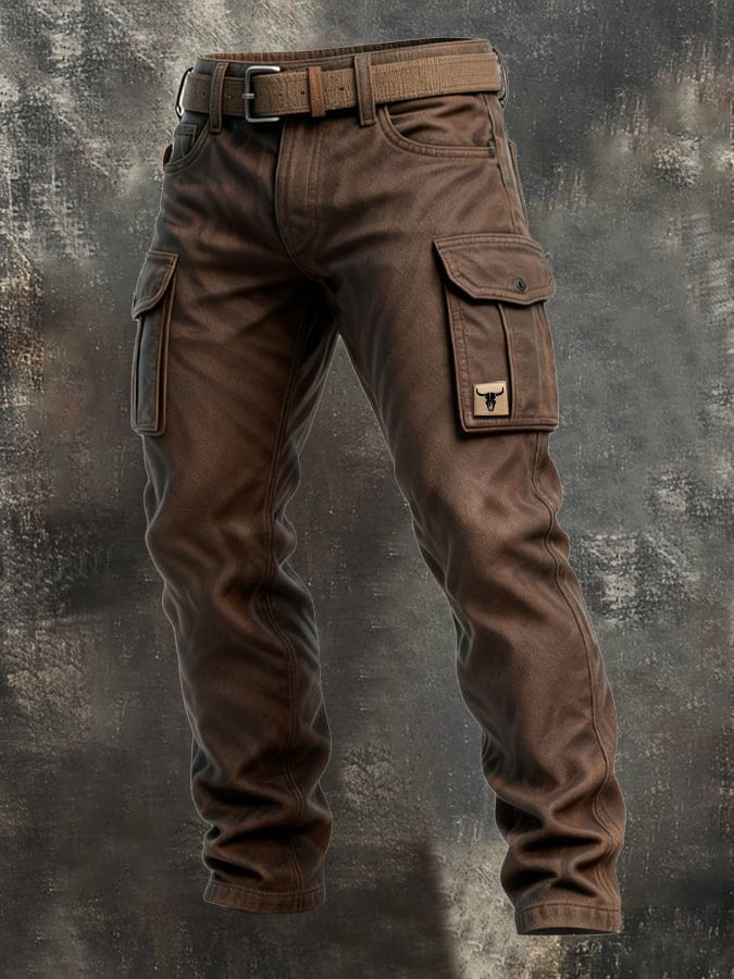 Men's Canvas Cargo Work Pants with Button Flap Pockets and Straight Tapered Fit