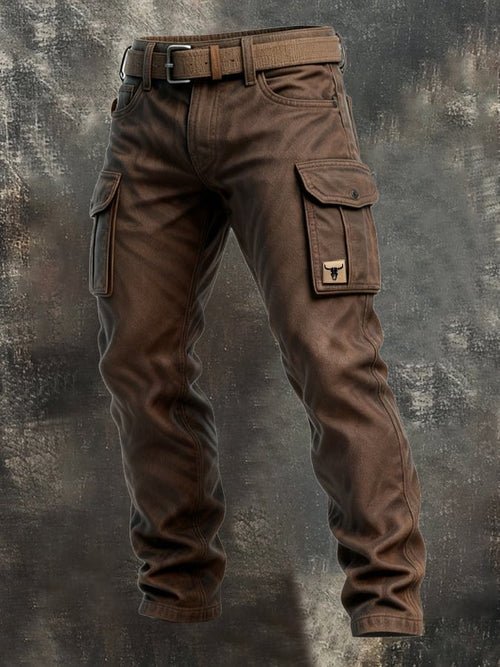 Men's Canvas Cargo Work Pants with Button Flap Pockets and Straight Tapered Fit