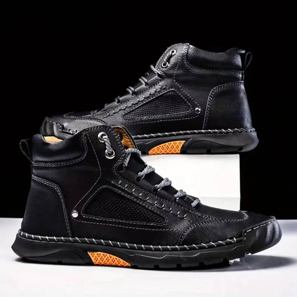 Men's Waterproof Leather Hiking Boots with Wide Toe Box Lace Up and Deep Tread Sole