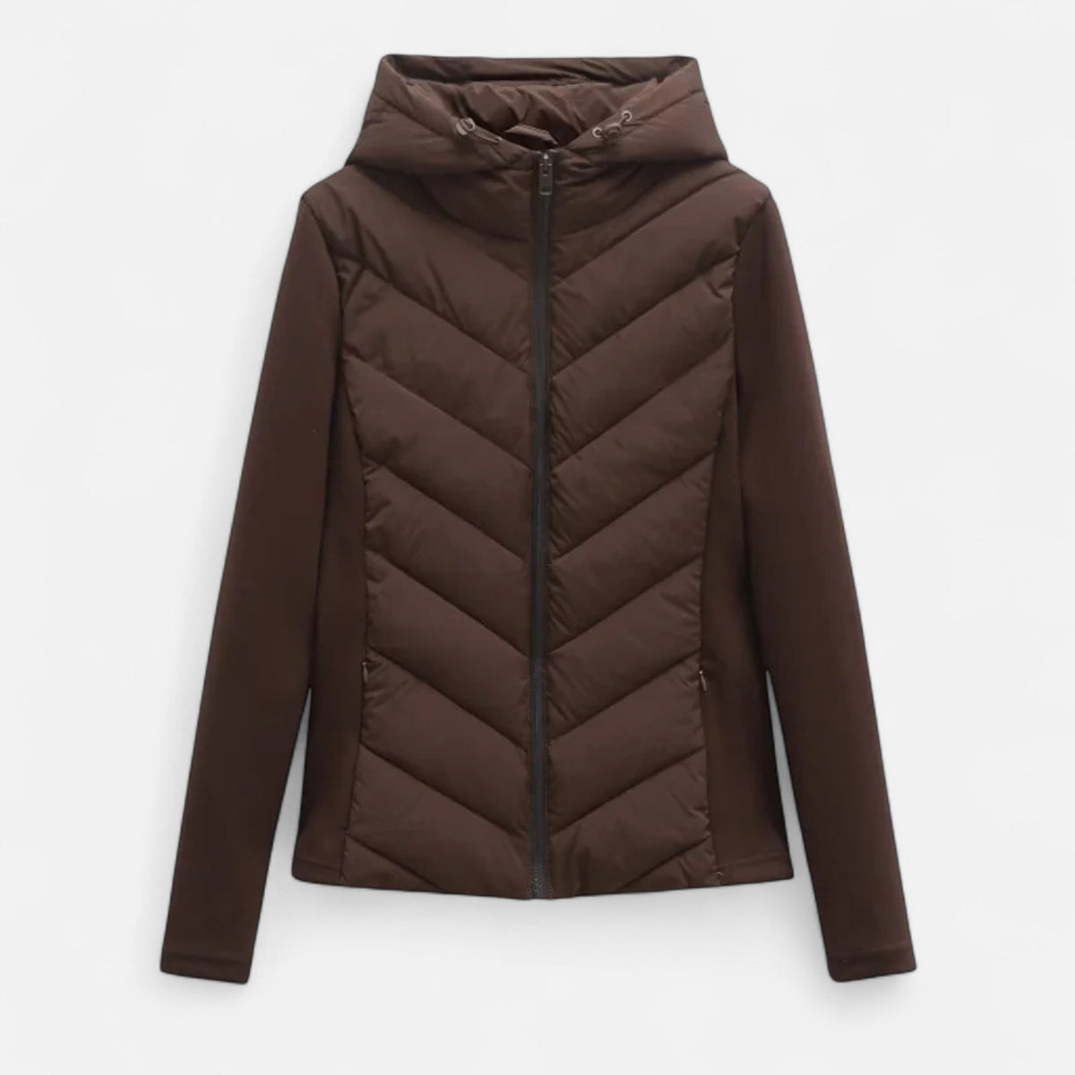 Women's Long Hooded Patchwork Puffer Coat in Polyester with Synthetic Fill