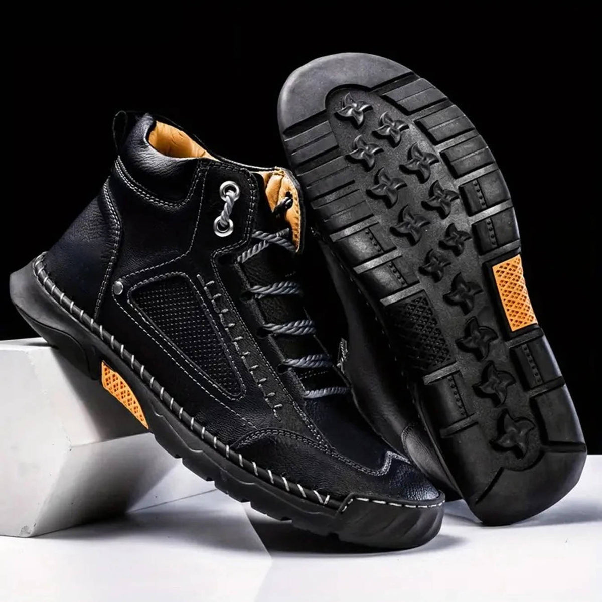 Men's Waterproof Leather Hiking Boots with Wide Toe Box Lace Up and Deep Tread Sole