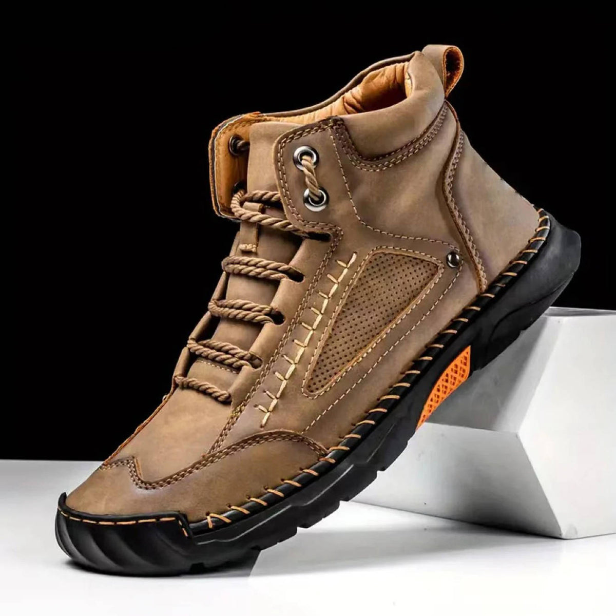 Men's Waterproof Leather Hiking Boots with Wide Toe Box Lace Up and Deep Tread Sole