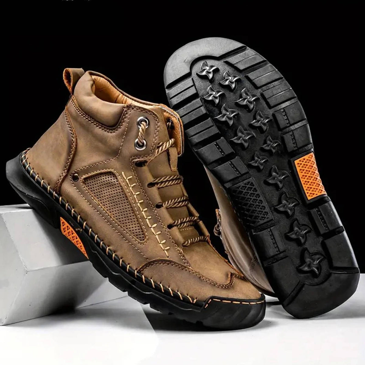 Men's Waterproof Leather Hiking Boots with Wide Toe Box Lace Up and Deep Tread Sole
