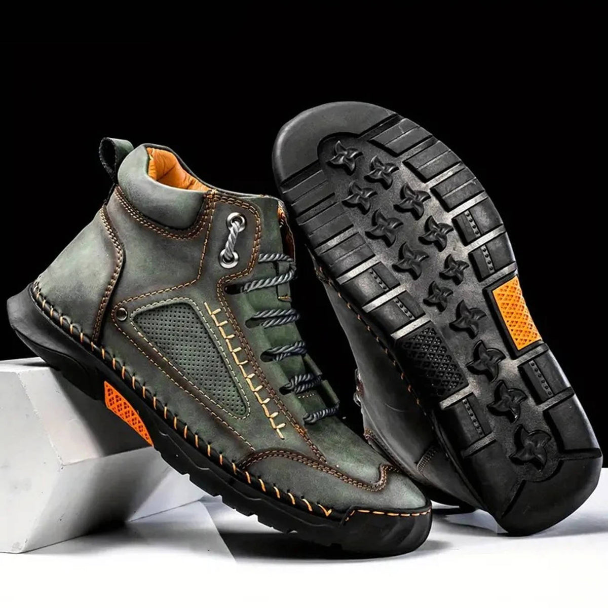 Men's Waterproof Leather Hiking Boots with Wide Toe Box Lace Up and Deep Tread Sole