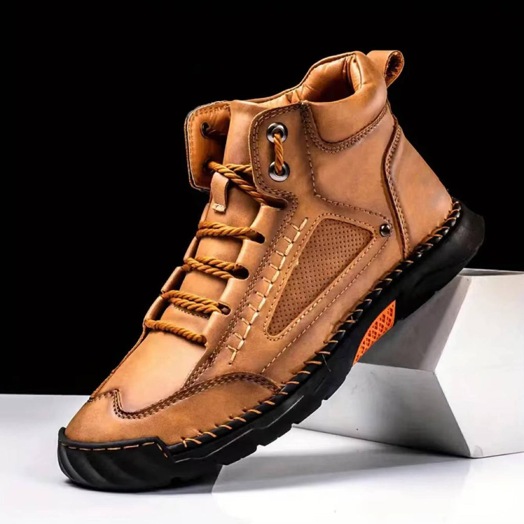 Men's Waterproof Leather Hiking Boots with Wide Toe Box Lace Up and Deep Tread Sole