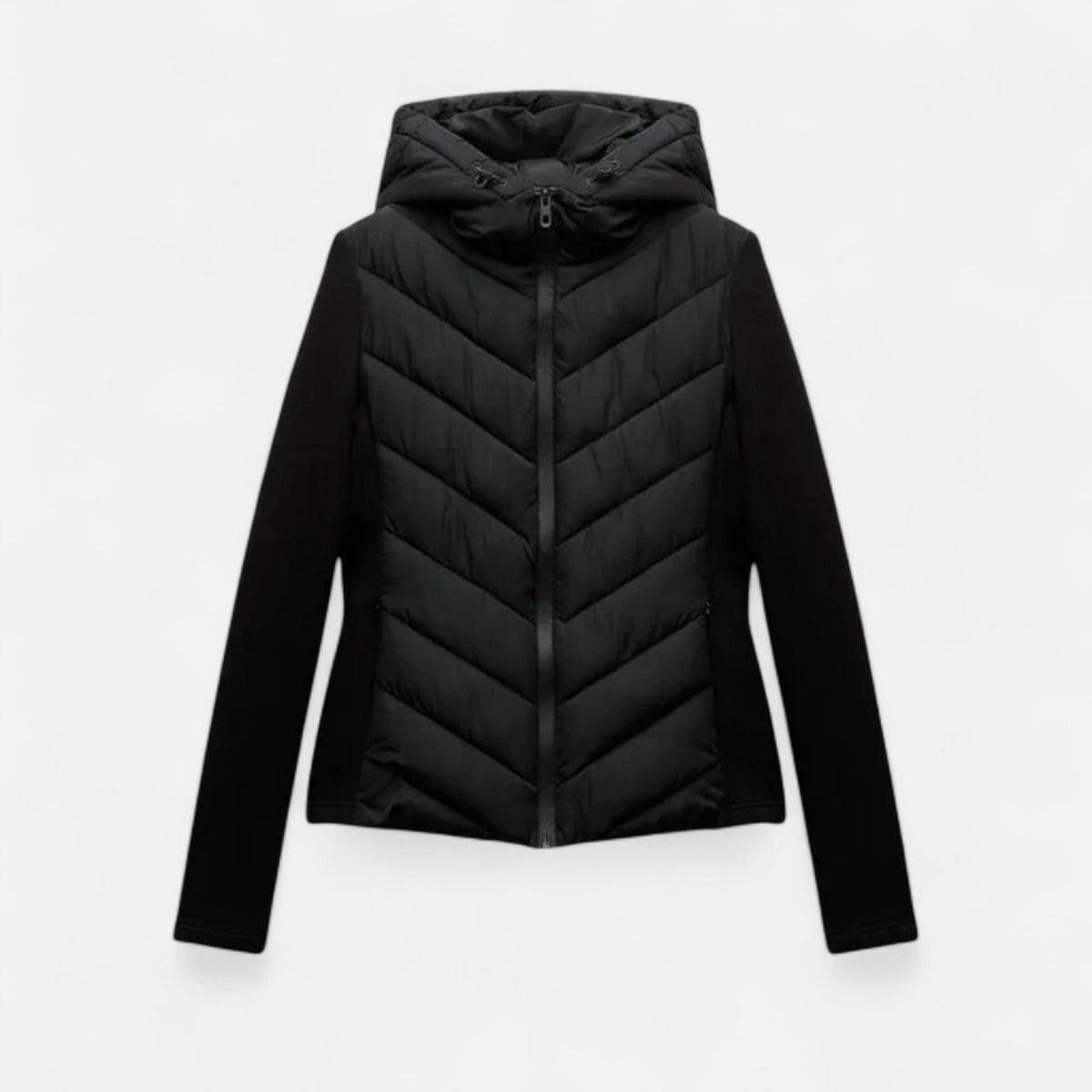 Women's Long Hooded Patchwork Puffer Coat in Polyester with Synthetic Fill