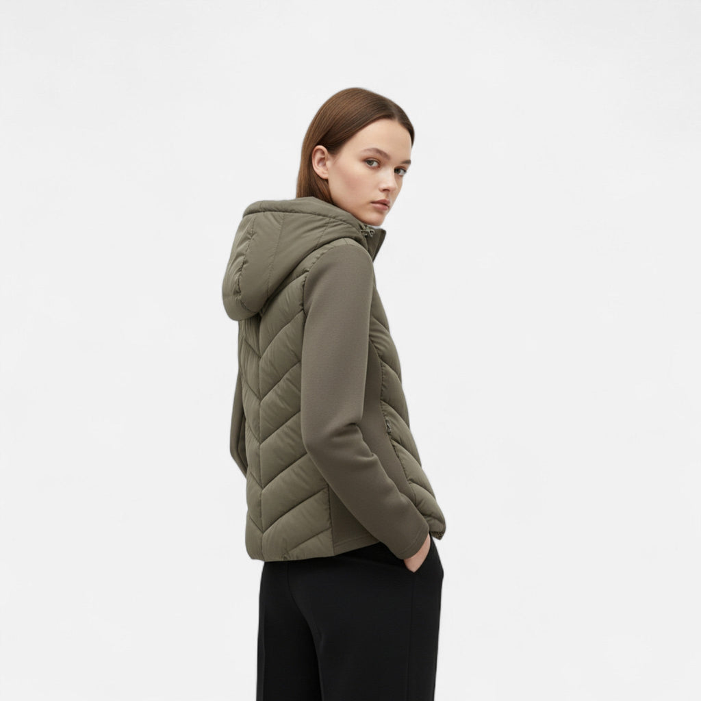Women's Long Hooded Patchwork Puffer Coat in Polyester with Synthetic Fill