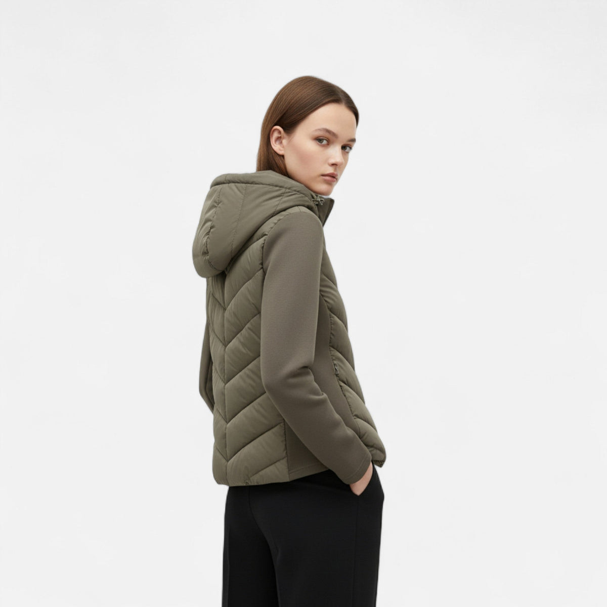 Women's Long Hooded Patchwork Puffer Coat in Polyester with Synthetic Fill