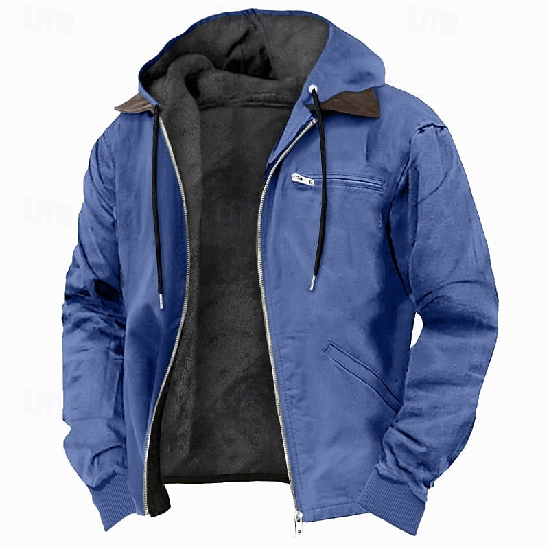 Men's Fleece Lined Hooded Jacket with Full Zip Closure and Pockets for Casual Wear
