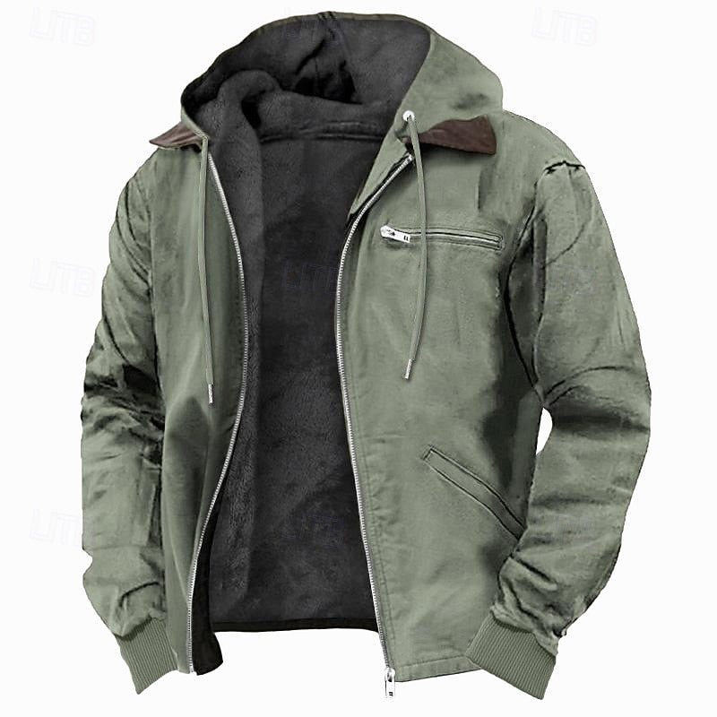 Men's Fleece Lined Hooded Jacket with Full Zip Closure and Pockets for Casual Wear