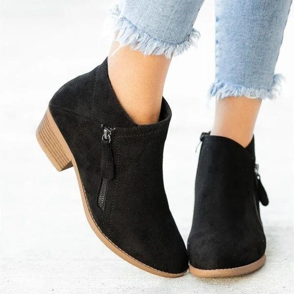 Women's Suede Ankle Boots with Side Zipper Contoured Insole and Closed Heel Design